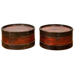 Pair of Large Chinese Lacquered Wood Lidded Drum Tables with Geometric Patterns