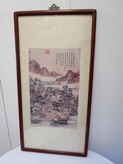 Paar große chinesische Landschafts- und Figurengemälde mit Kalligraphie, gerahmt