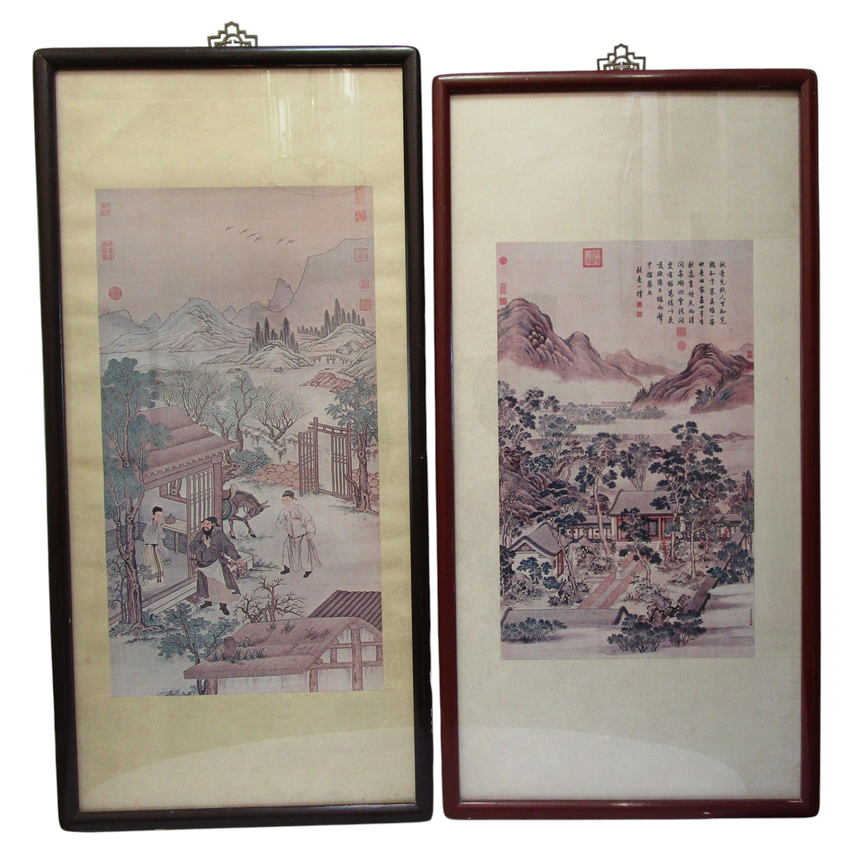 Pair of Large Chinese Landscape and Figural Paintings with Calligraphy, Framed