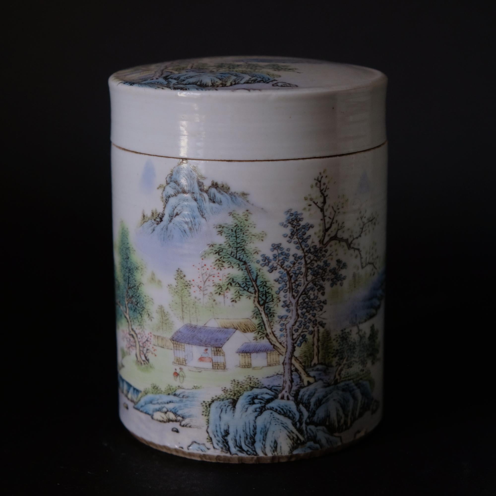 Large pair of hand-painted porcelain round boxes with lids in Chinese traditional landscaping painting.


 
