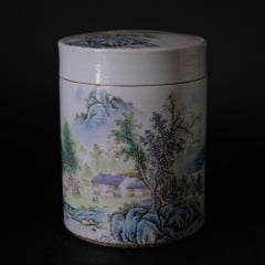Pair of Large Chinese Landscaping Round Porcelain Boxes with Lids