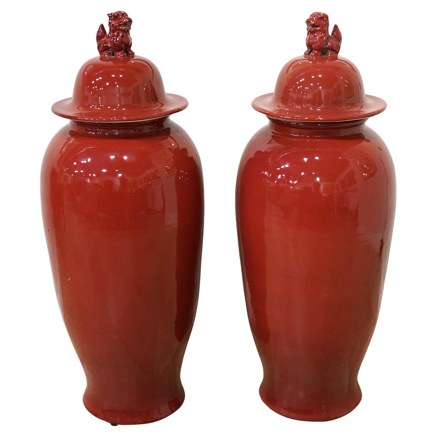 Pair of LARGE Chinese Palace Size Oxblood Colored Urns 47" H