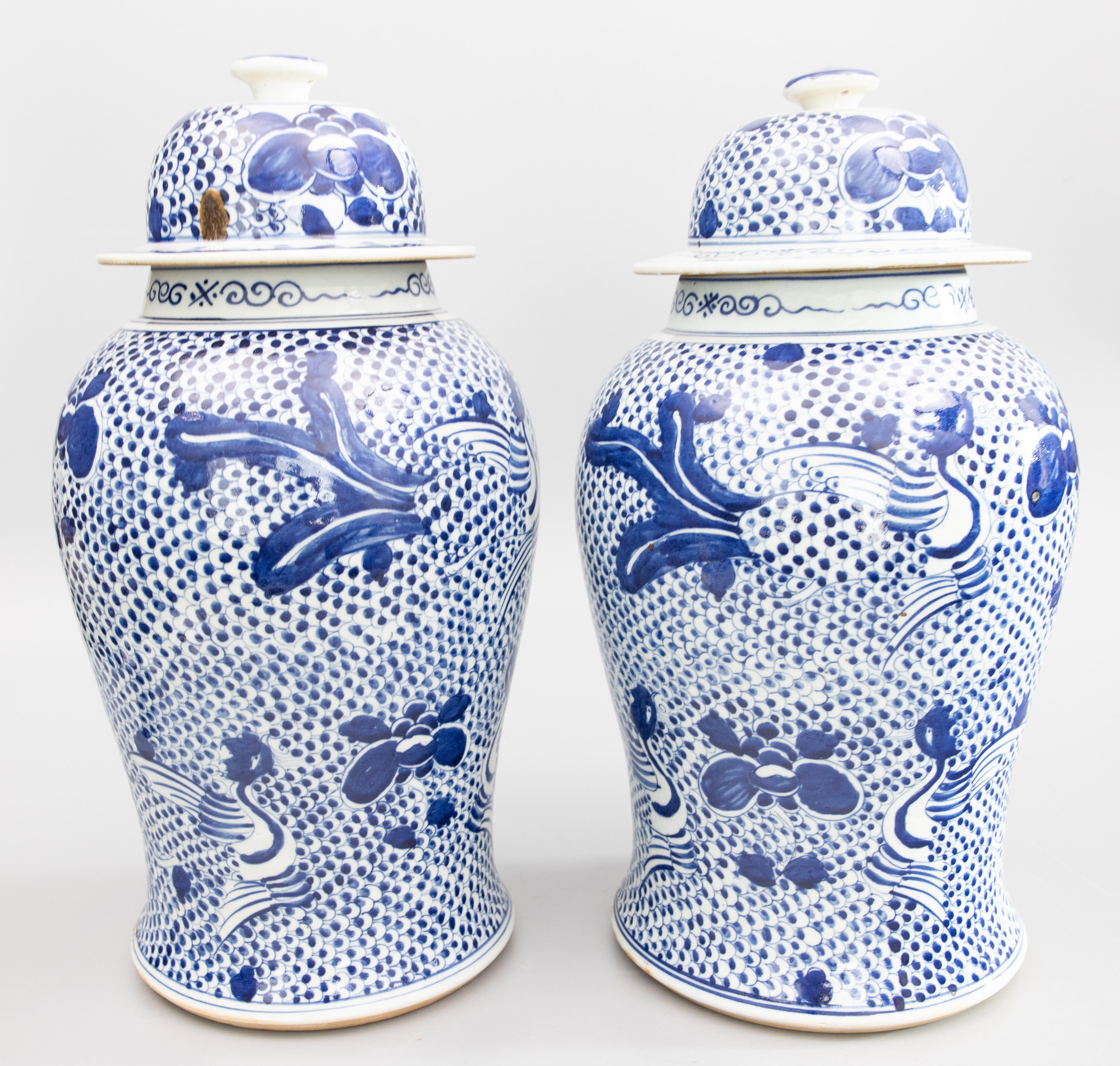 Chinese Export Pair of Large Chinese Phoenix and Peony Blue and White Temple Jars Ginger Jars For Sale