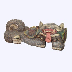 Pair Of Large Chinese Polychromed Carved Wood Foo Dogs 20thC