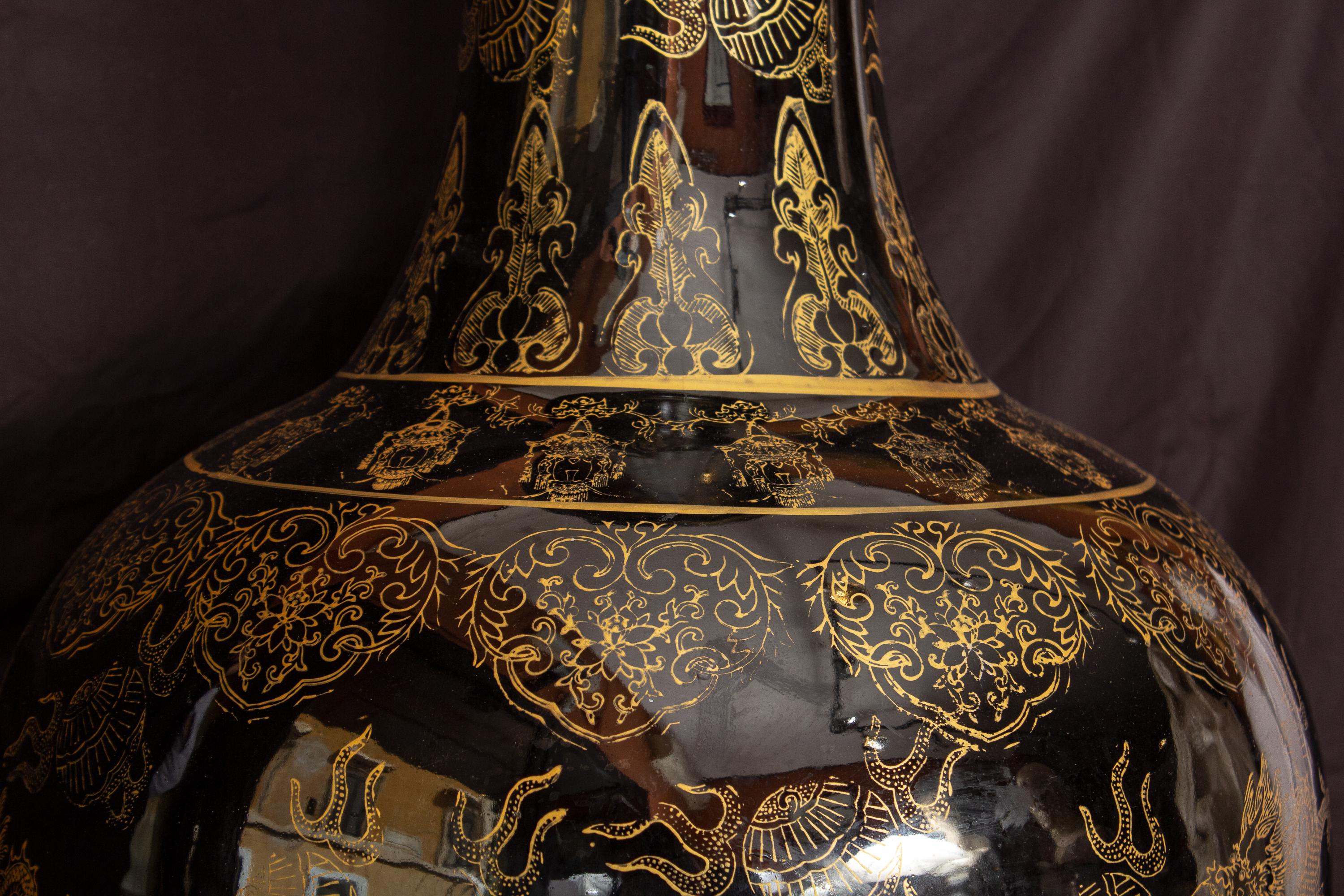 Pair of Large Chinese Porcelain Black and Gilt-Decorated Vases 6