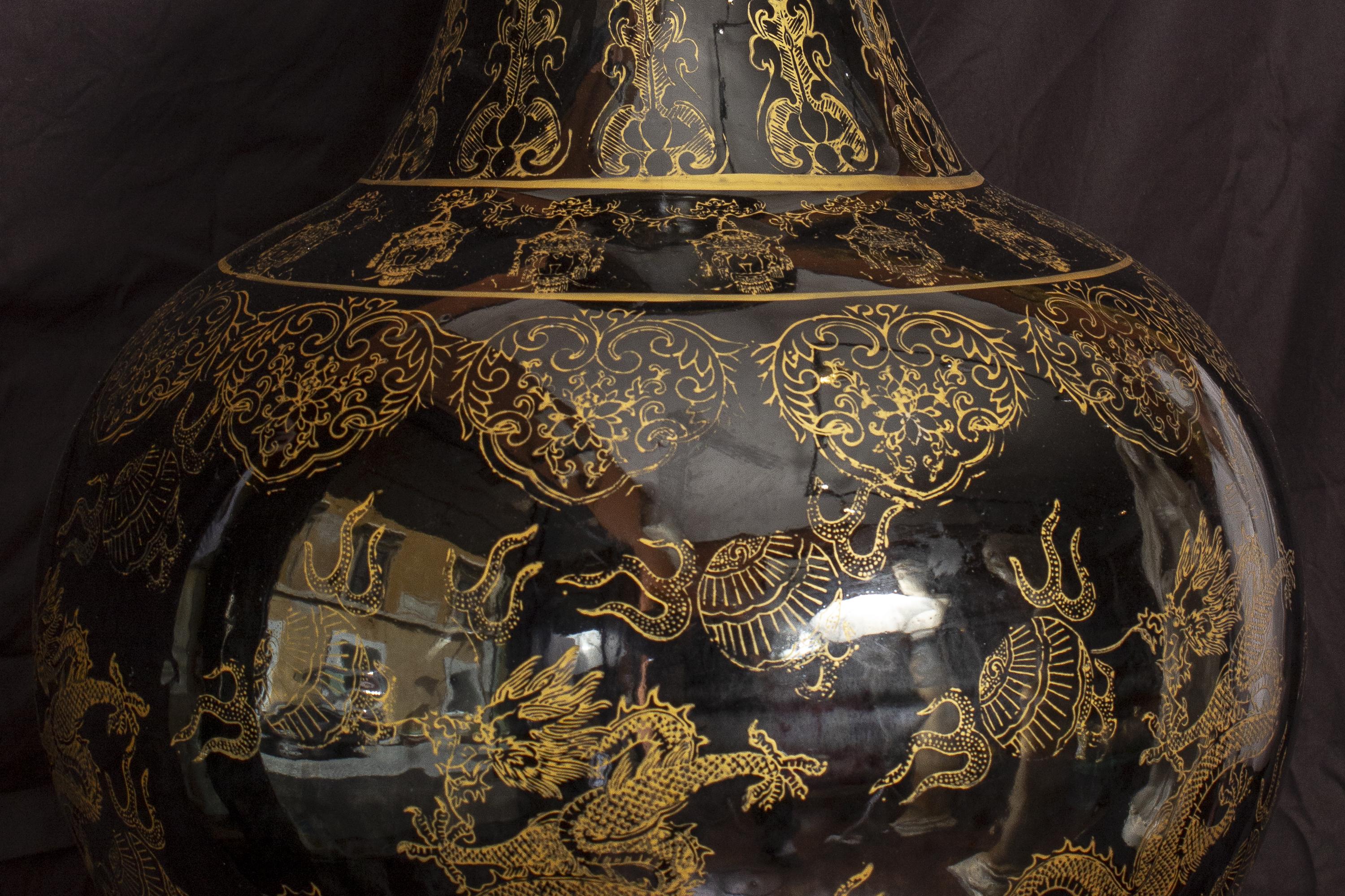 Pair of Large Chinese Porcelain Black and Gilt-Decorated Vases 3