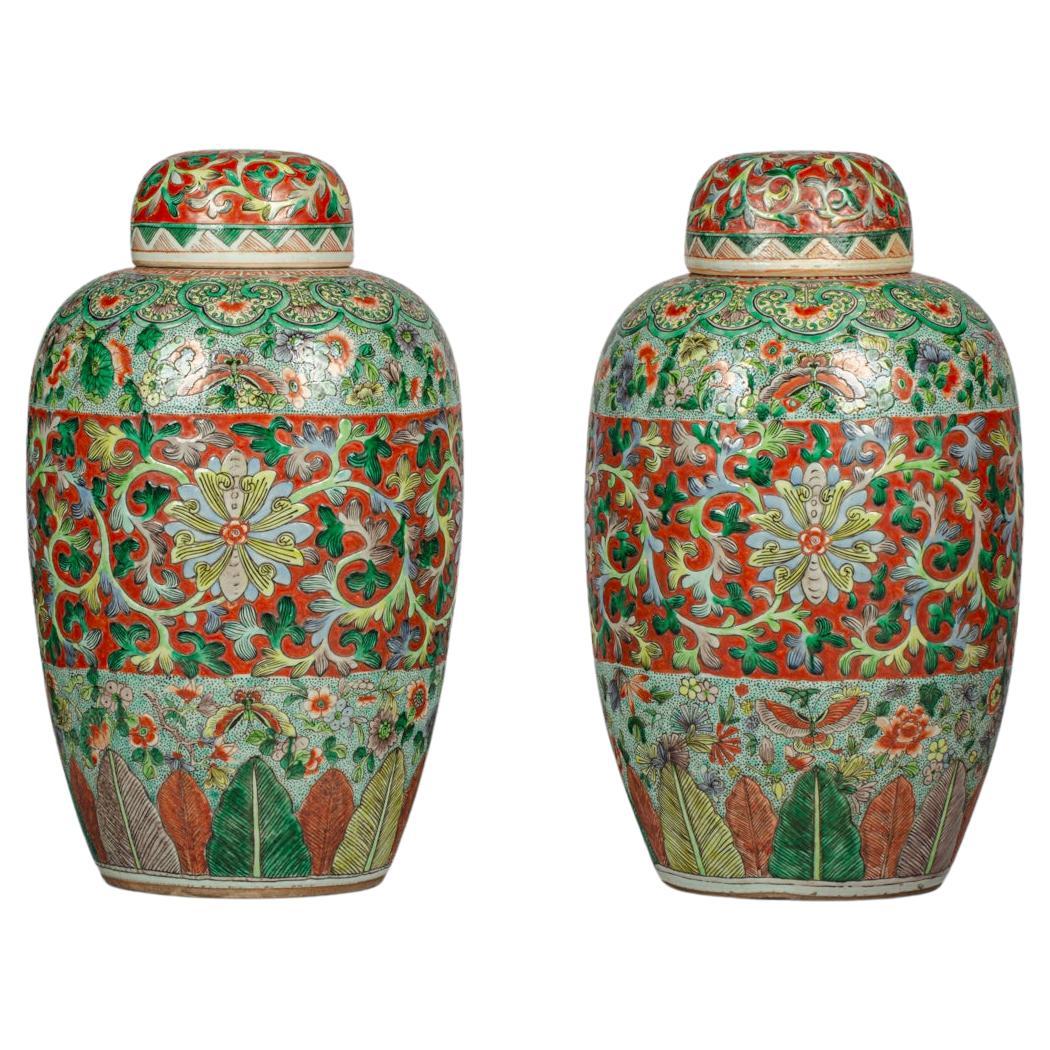 Pair of Large Chinese Porcelain Covered Jars, circa 1860 For Sale