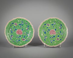 Pair of Large Chinese Porcelain Green Ground Chargers, 19th century
