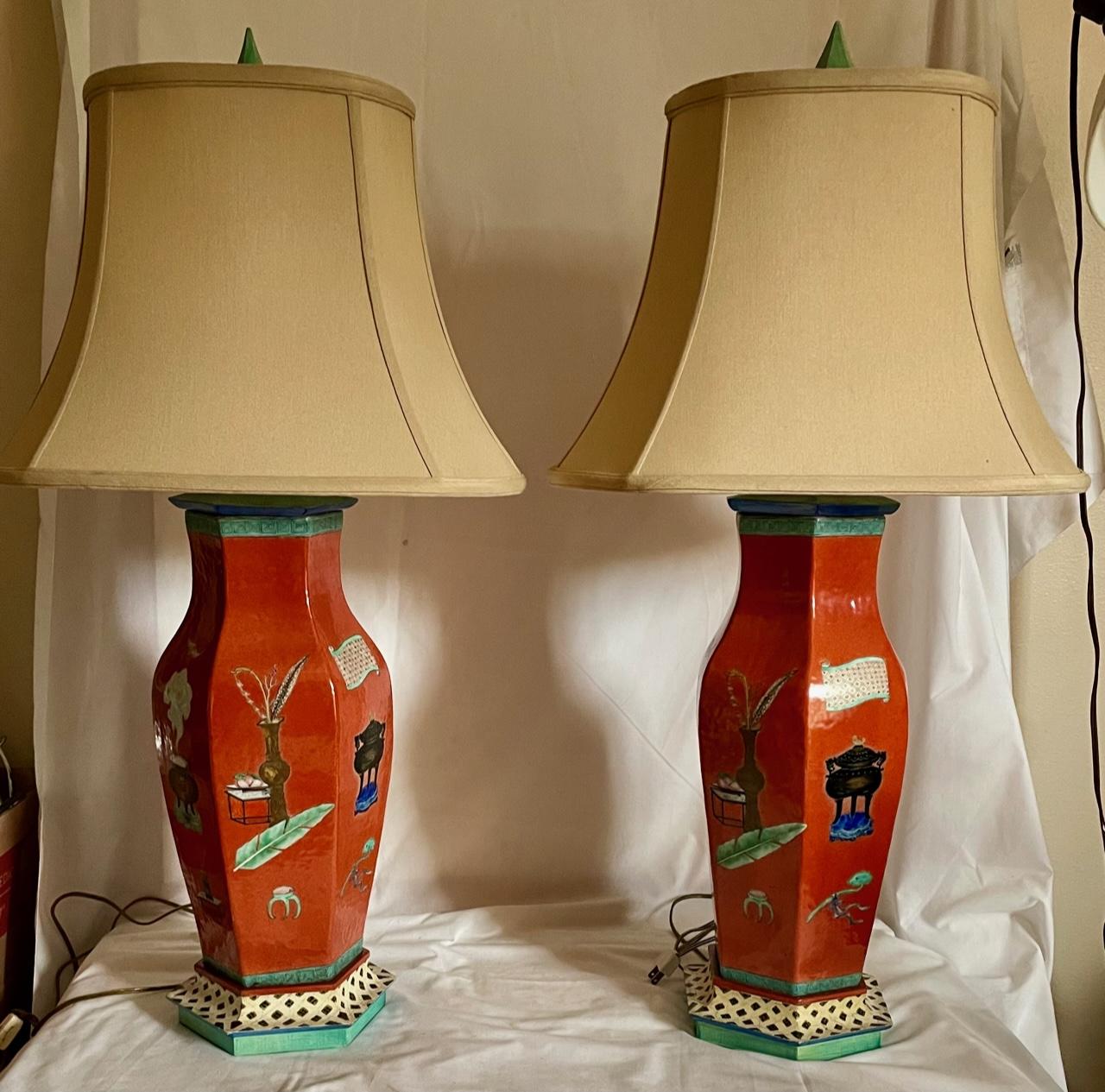 Chinese Export Pair of Large Chinese Porcelain Lamps Coral-Red, Qing Dynasty