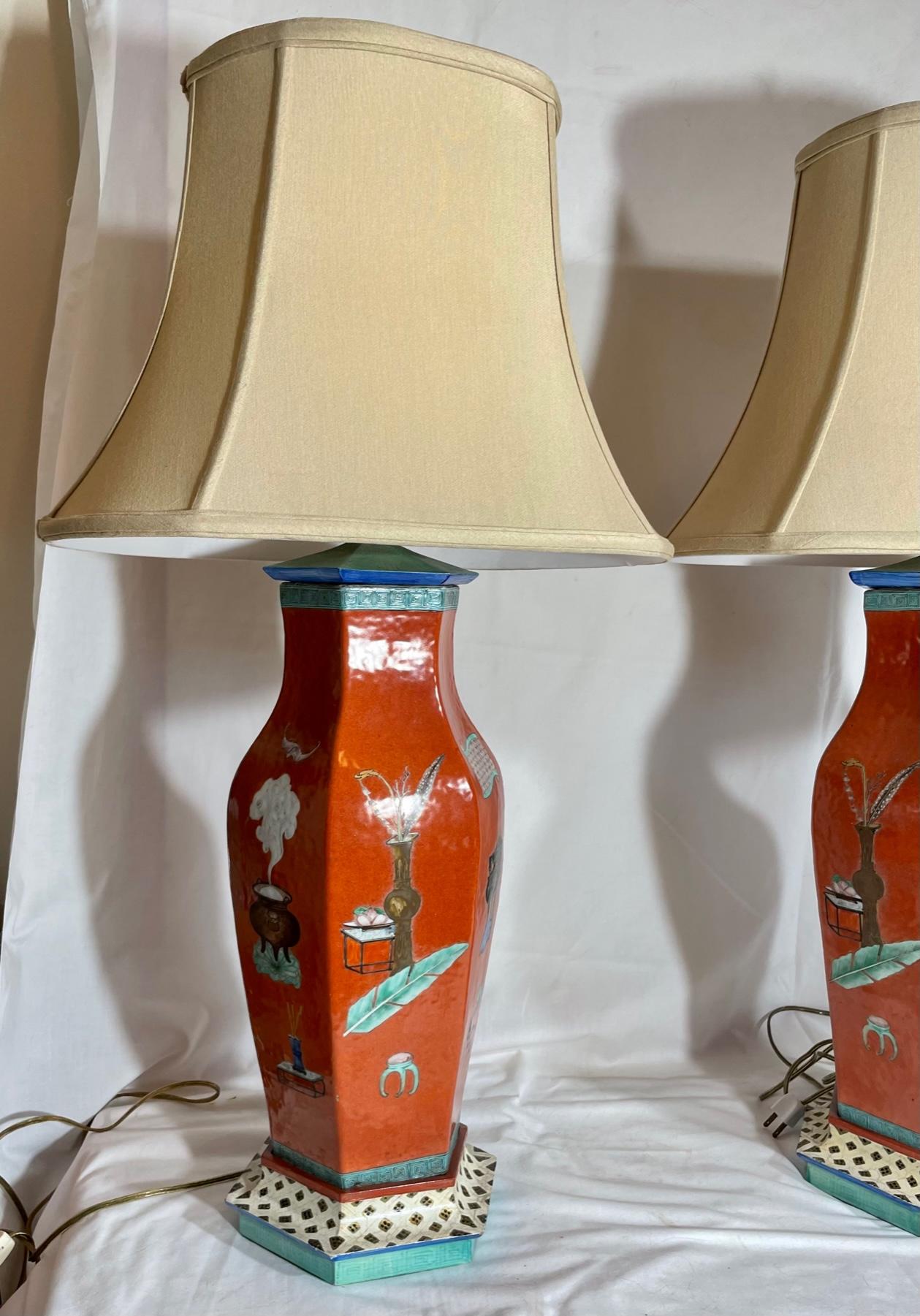 Hand-Painted Pair of Large Chinese Porcelain Lamps Coral-Red, Qing Dynasty