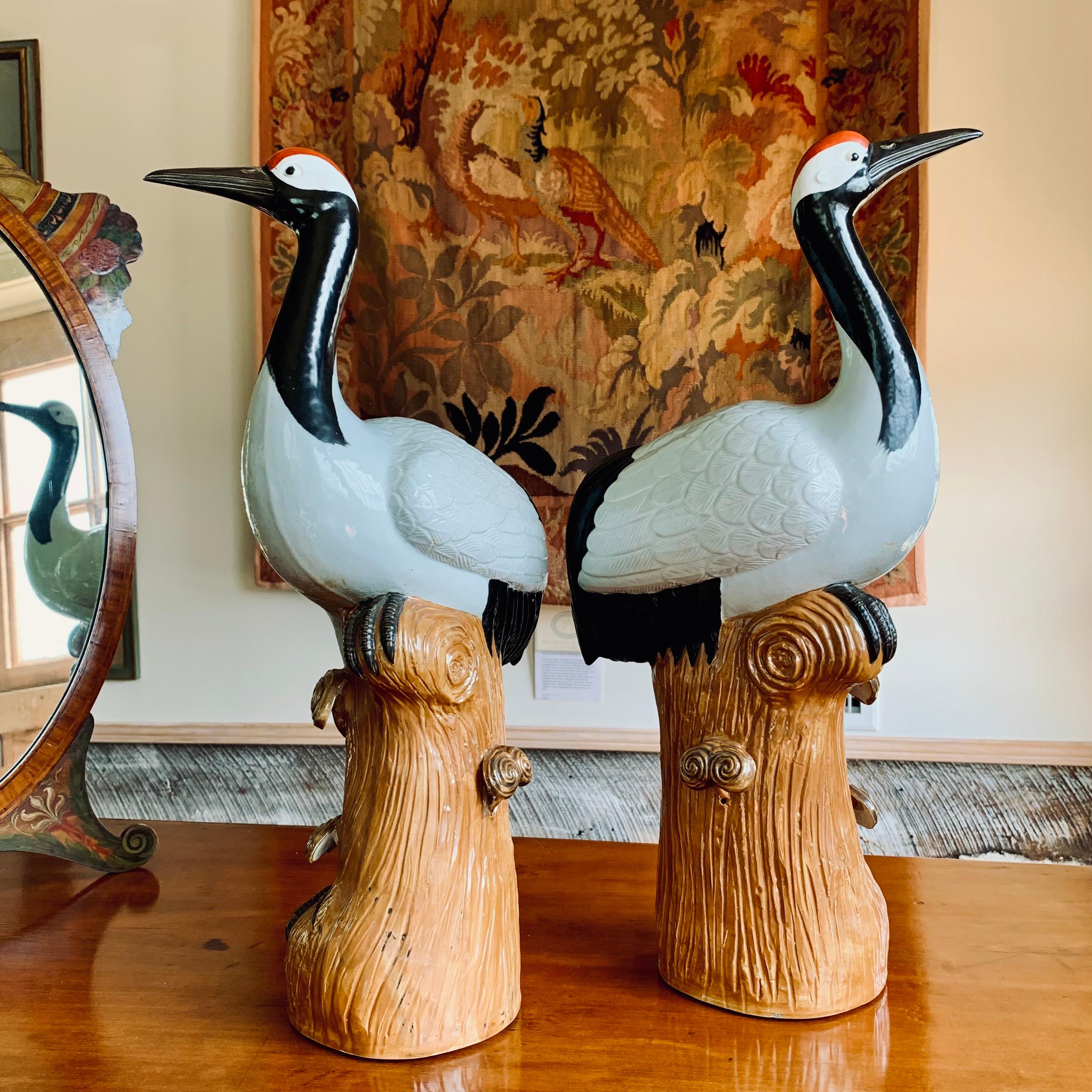 Chinese Export Pair Of Large Chinese Porcelain Red-Crowned Cranes