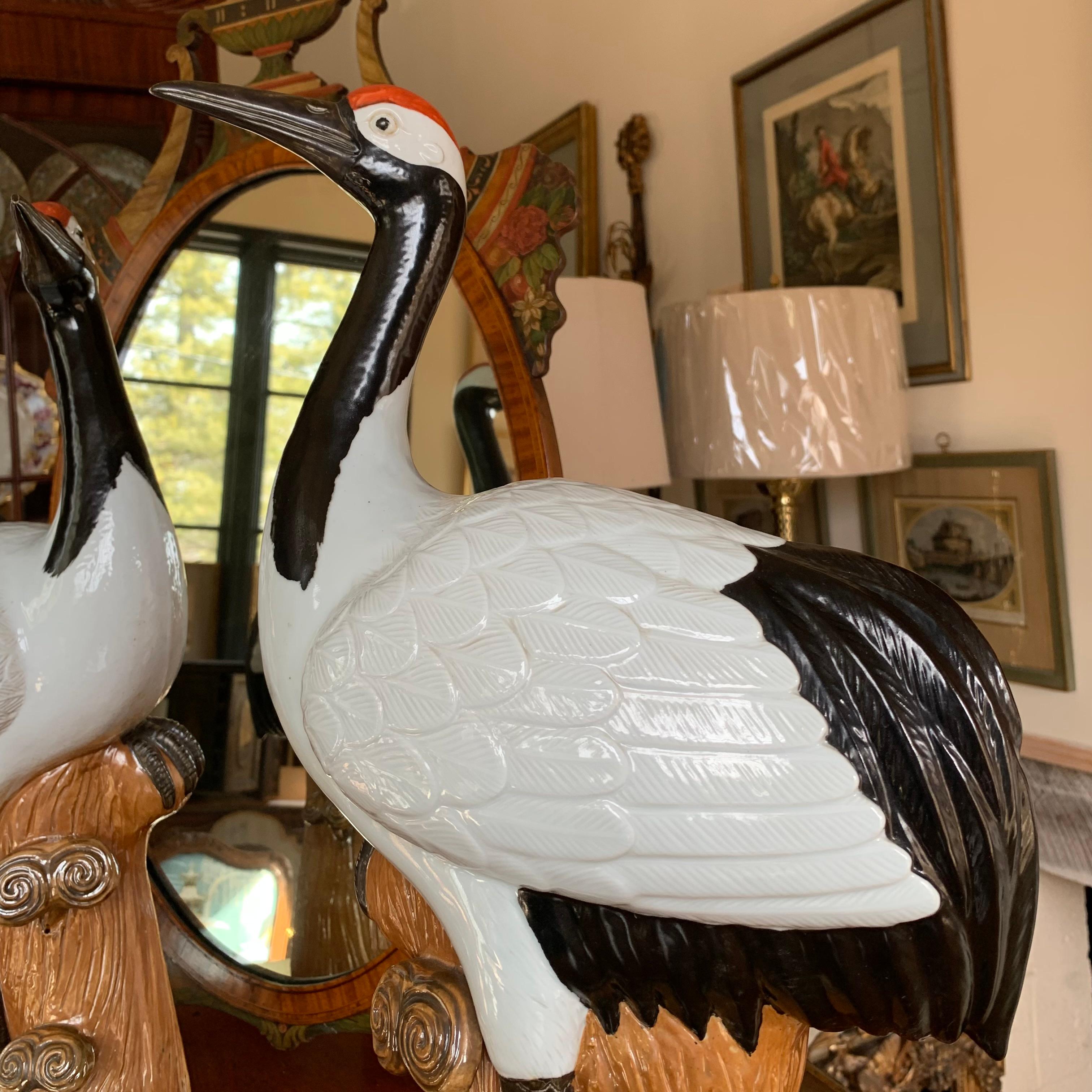 Asian Pair Of Large Chinese Porcelain Red-Crowned Cranes