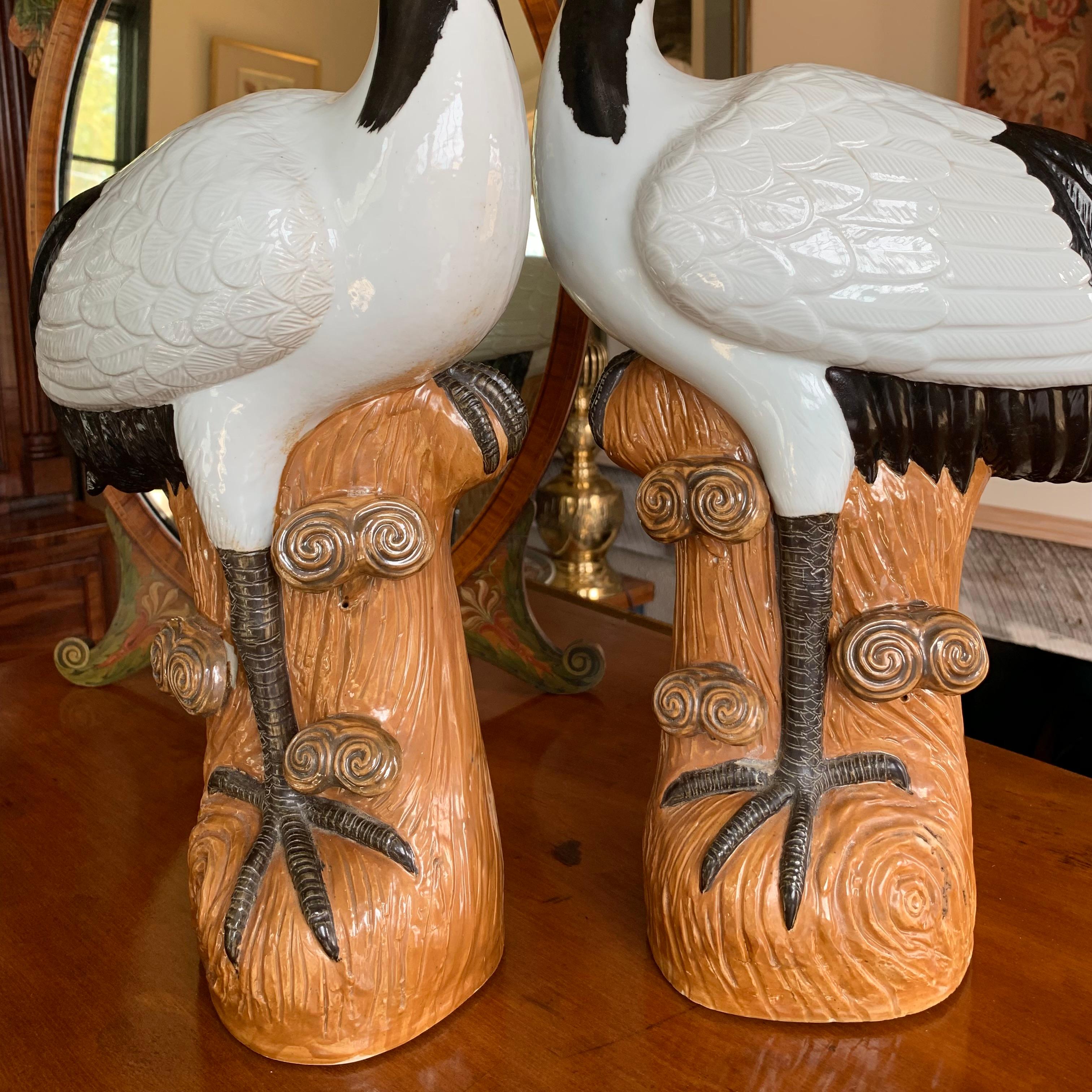 20th Century Pair Of Large Chinese Porcelain Red-Crowned Cranes
