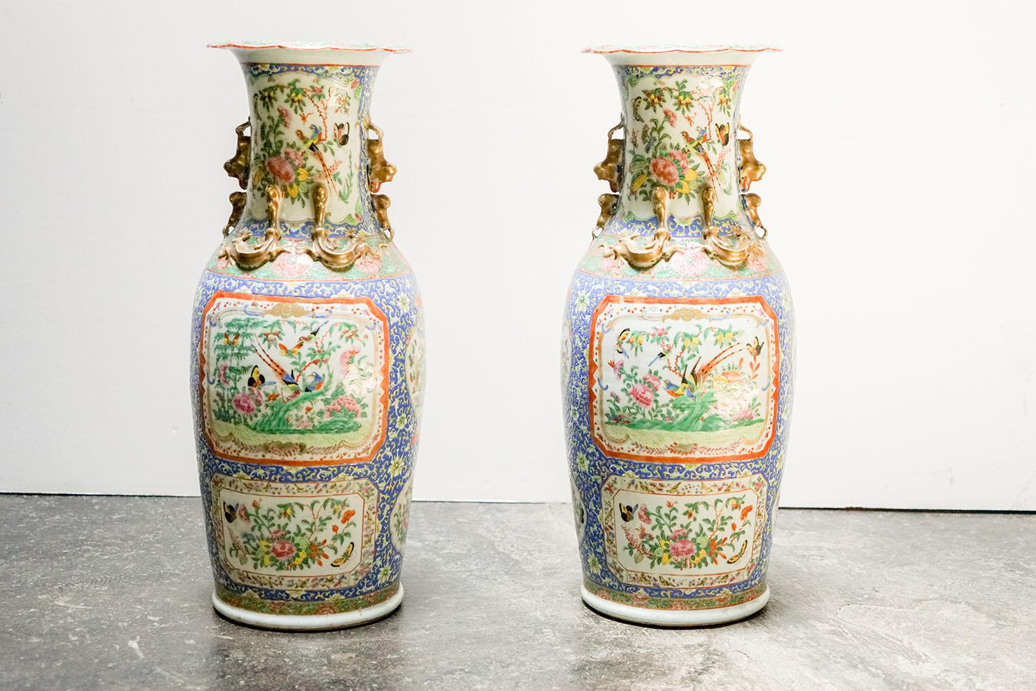 Pair of large Chinese porcelain rose canton vases, circa. late 1800s.