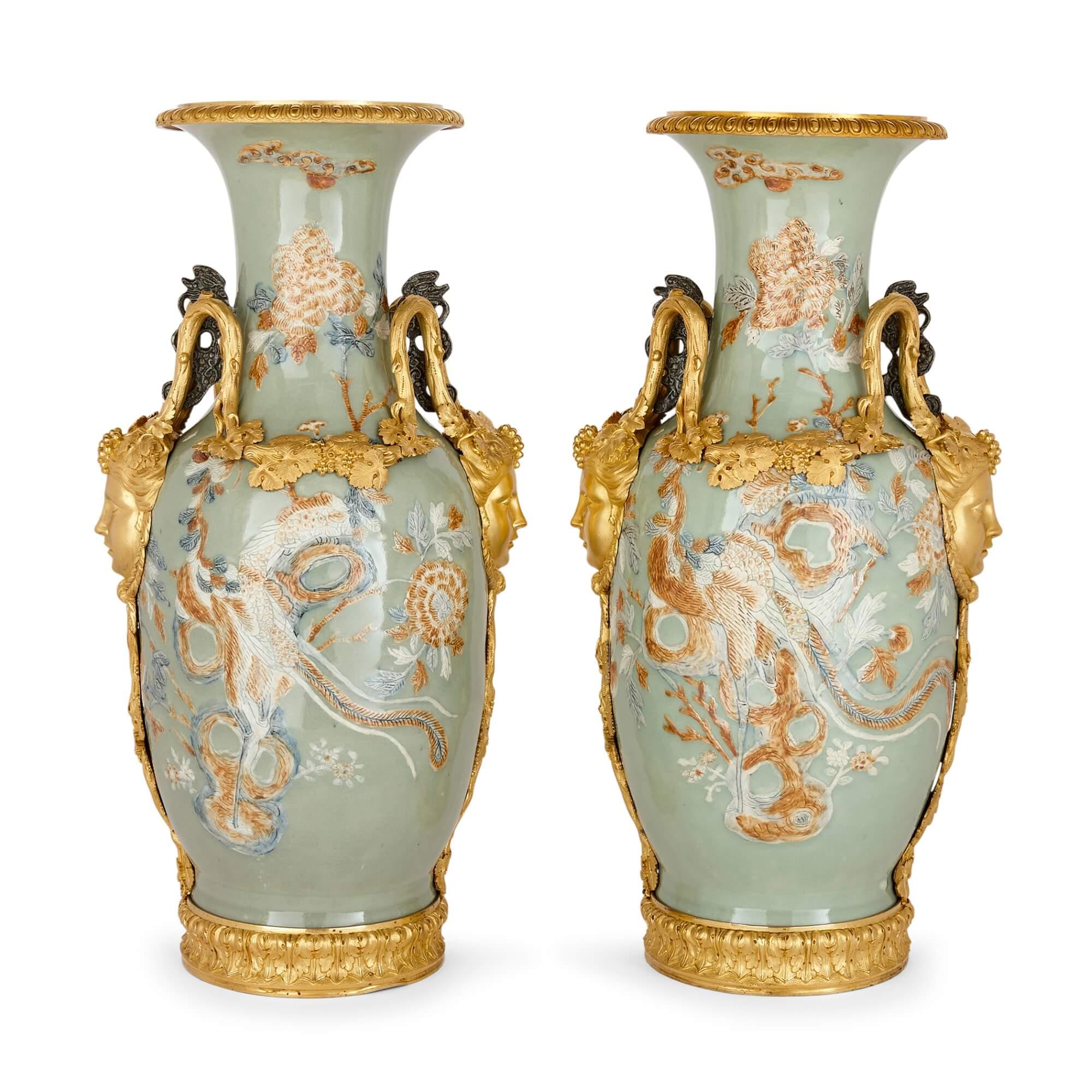 Pair of large Chinese porcelain vases with French ormolu mounts
French, Chinese, c.1840
Height 65.5cm, width 32cm, depth 25cm 

In the 1840s, two masterful art forms converged to birth this exquisite pair of vases, hewn from celadon porcelain,