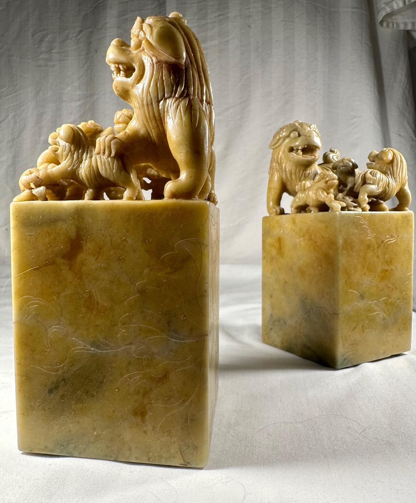 Pair of Large Chinese Qing Dynasty Carved Soapstone Seals. For Sale 7