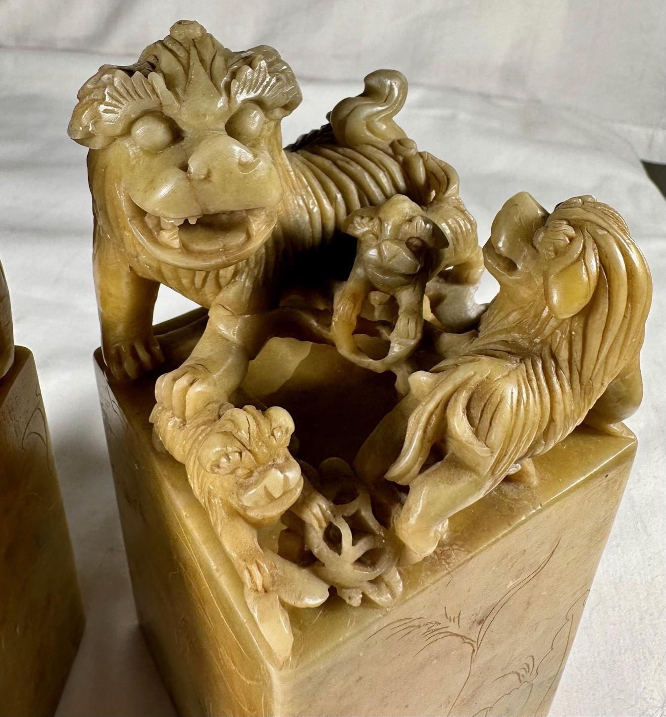 19th Century Pair of Large Chinese Qing Dynasty Carved Soapstone Seals. For Sale
