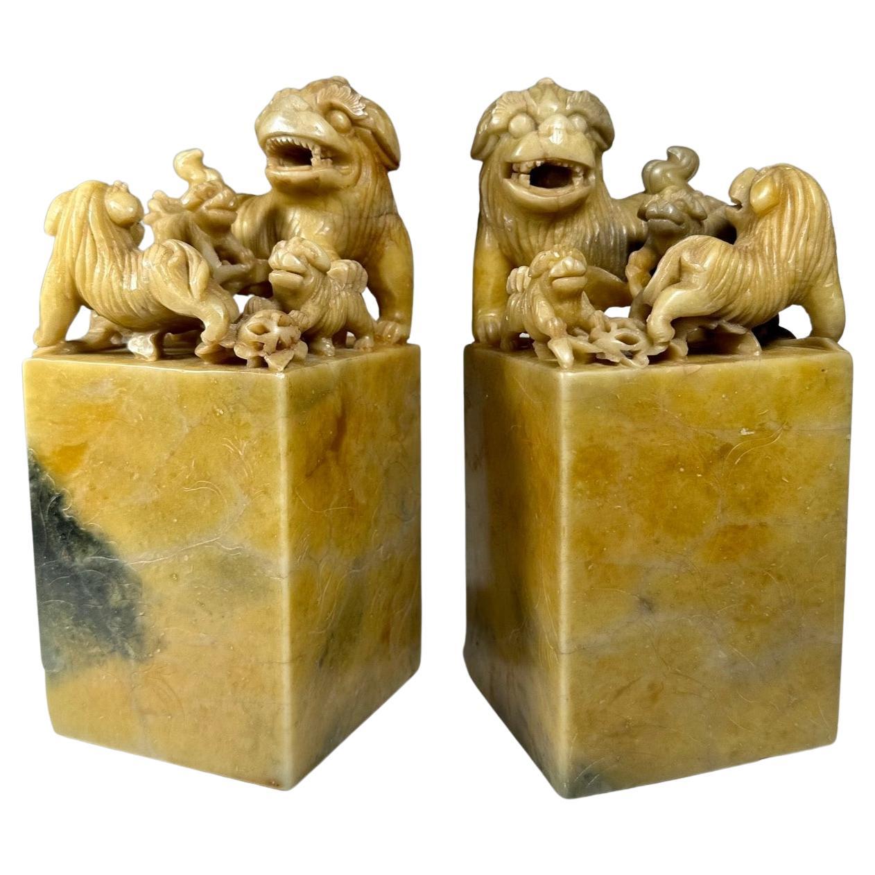 Pair of Large Chinese Qing Dynasty Carved Soapstone Seals.