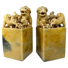 Pair of Large Chinese Qing Dynasty Carved Soapstone Seals.