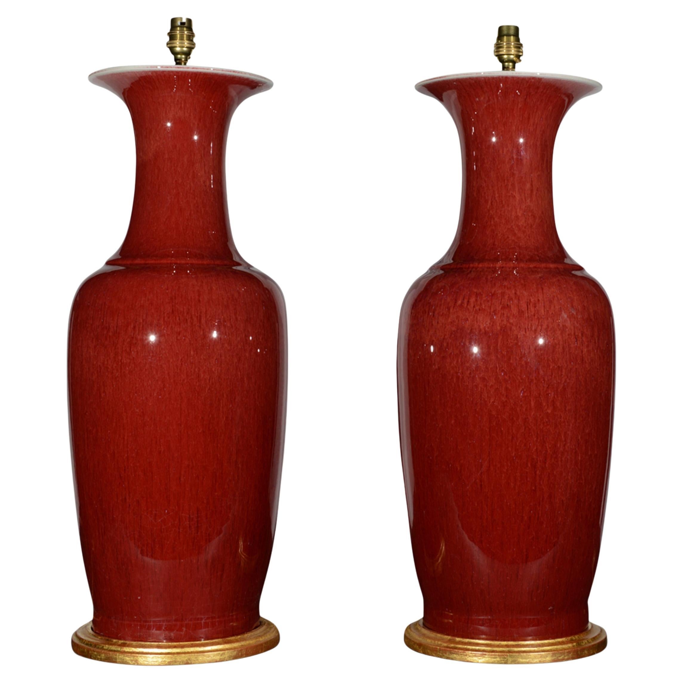Pair of Large Chinese Sang De Boeuf Baluster 20th Century Porcelain Table Lamps