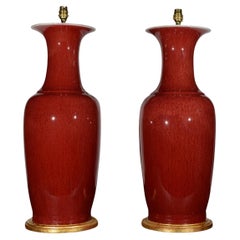 Pair of Large Chinese Sang De Boeuf Baluster 20th Century Porcelain Table Lamps