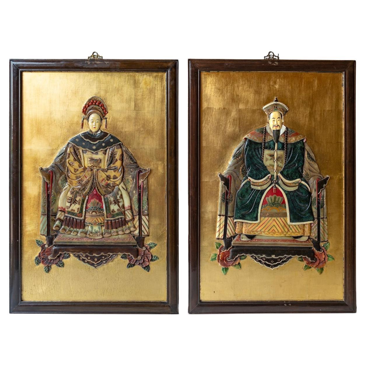 Pair of Large Chinese Shoushan Carved Hardstone Emperor & Empress Portraits For Sale