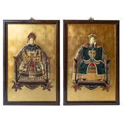 Antique Pair of Large Chinese Shoushan Carved Hardstone Emperor & Empress Portraits