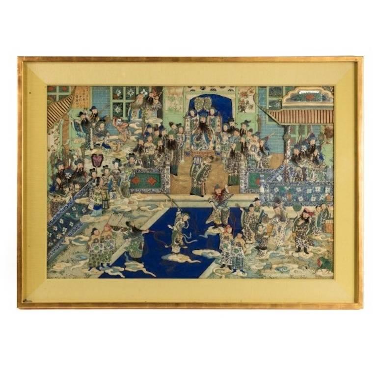 A rare and beautiful pair of large Chinese silk and painted paper collages 
from Pun Lun of Hong Kong and Canton,
each of rectangular form worked in a primary palette of cobalt blue and turquoise with terracotta, cream, black and silver detailing,