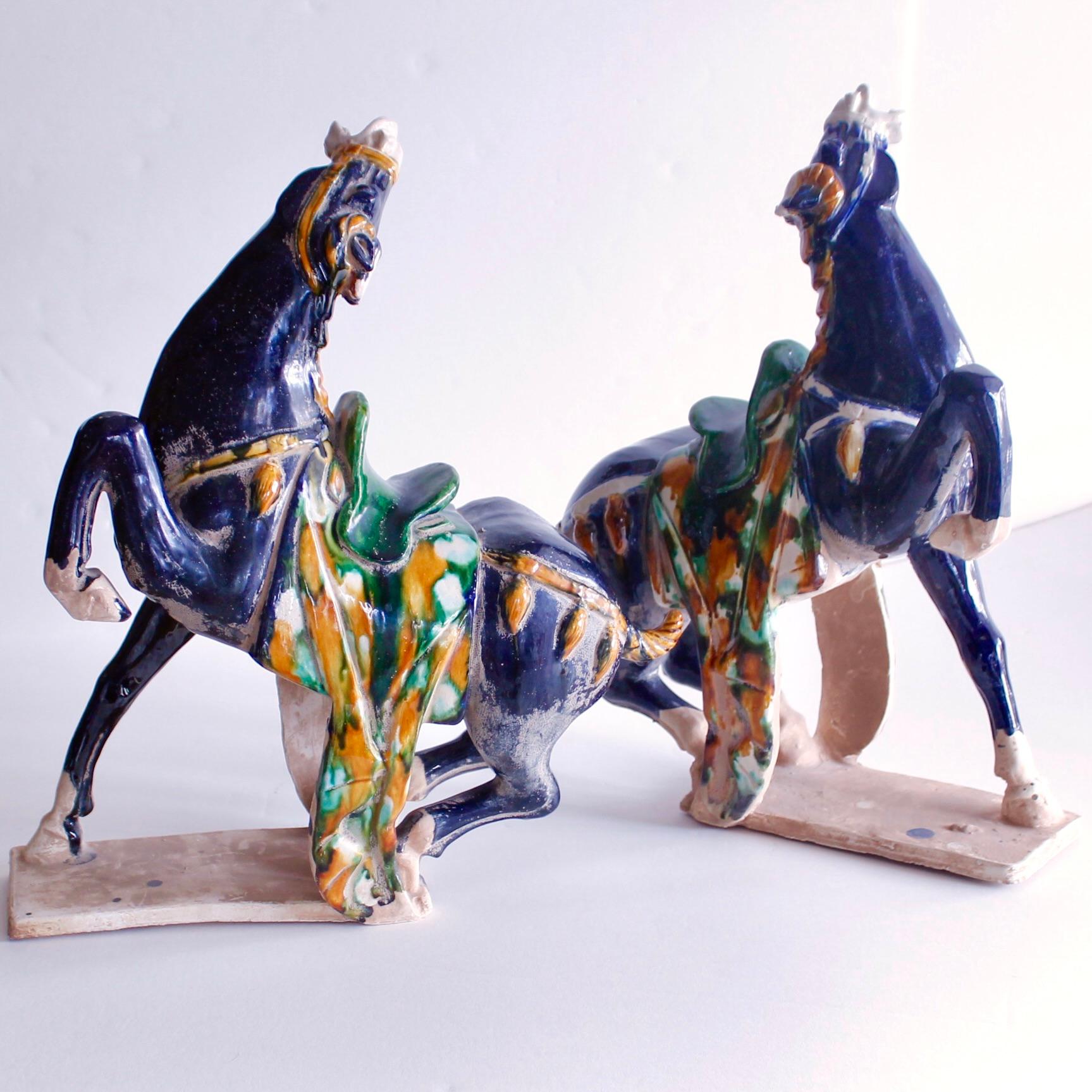 Pair Of Large Chinese Terracotta Tang Style Horses With Sancai Glaze For Sale 5