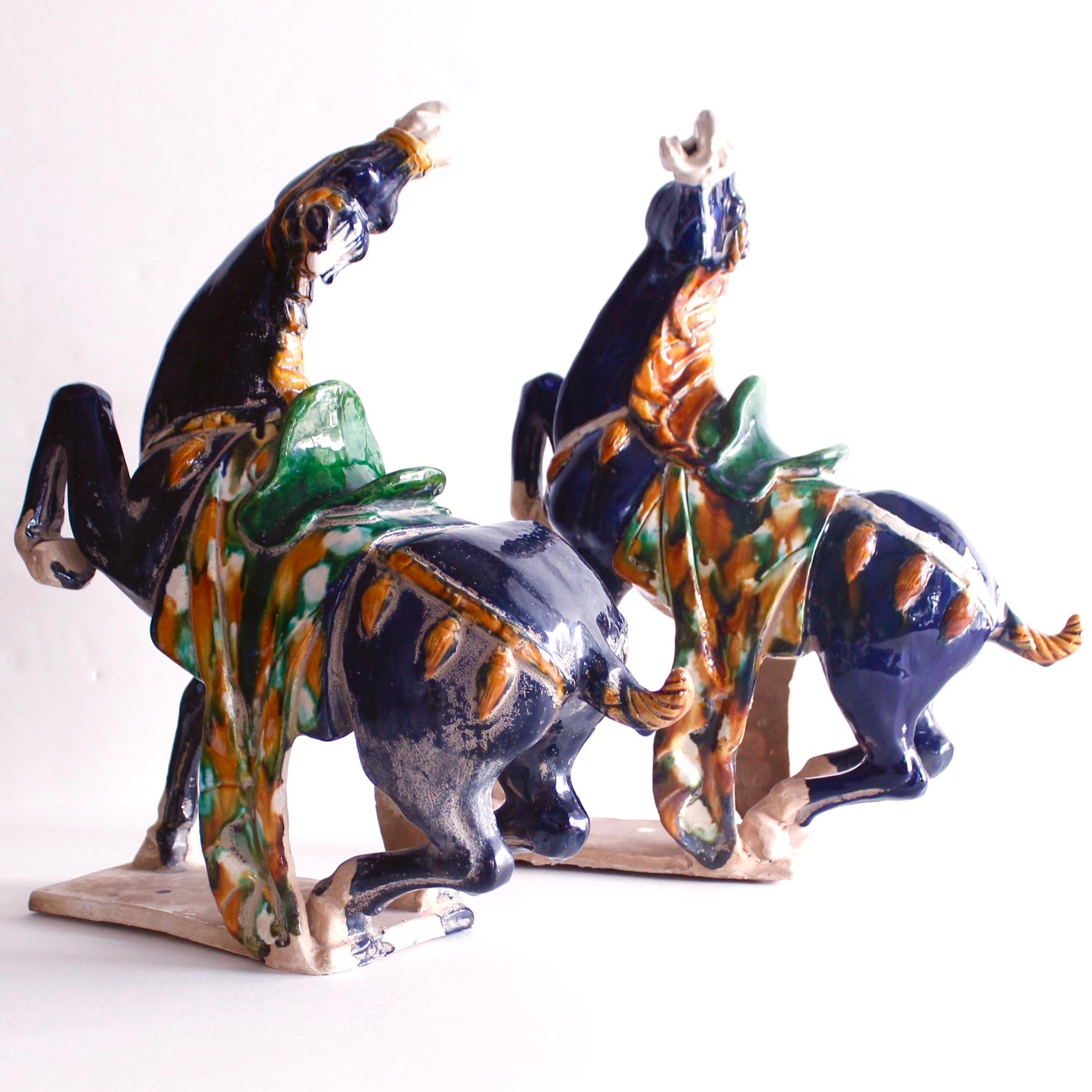 Chinese Export Pair Of Large Chinese Terracotta Tang Style Horses With Sancai Glaze For Sale
