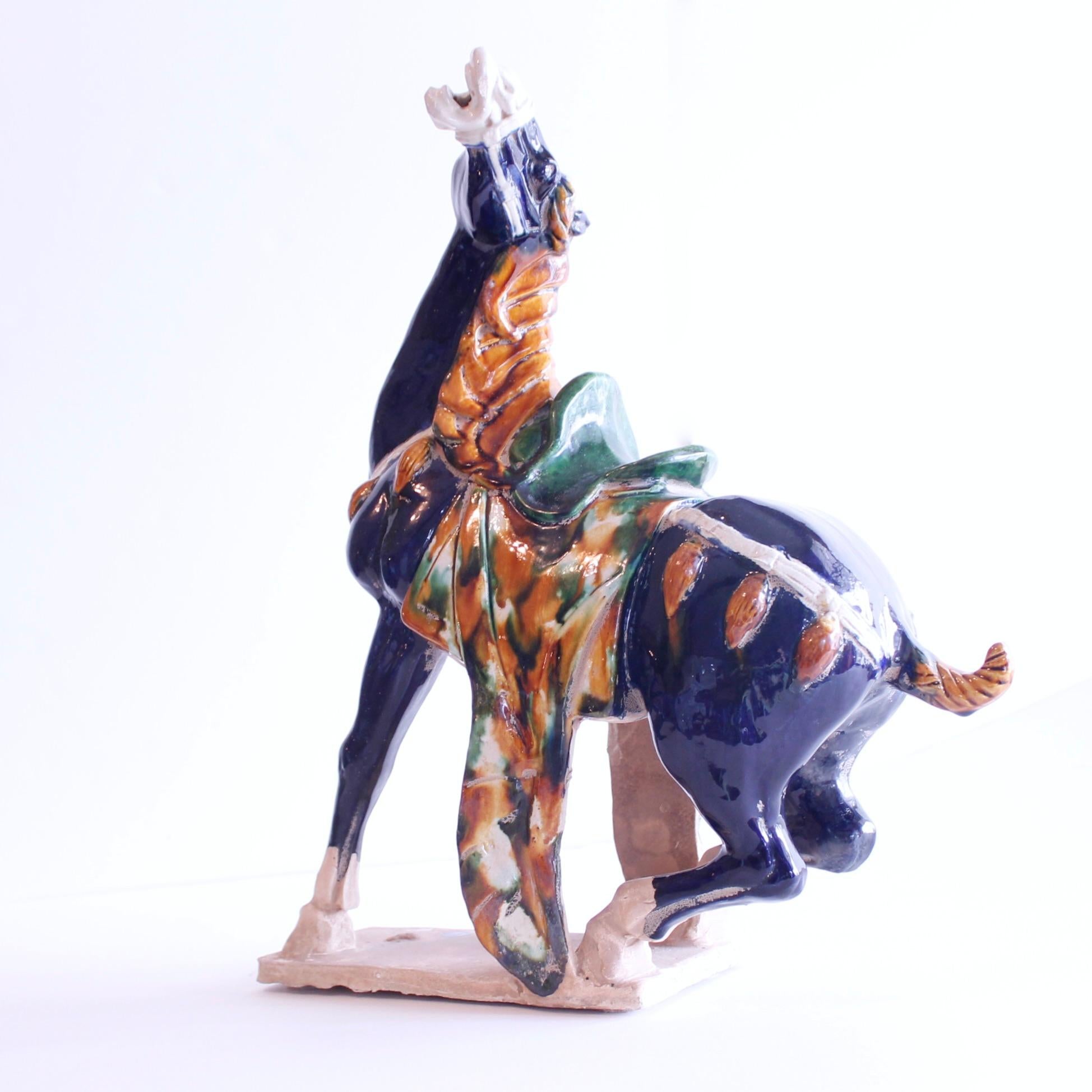 20th Century Pair Of Large Chinese Terracotta Tang Style Horses With Sancai Glaze For Sale