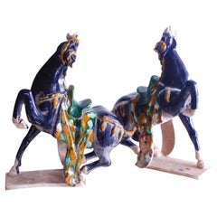 Pair Of Large Chinese Terracotta Tang Style Horses With Sancai Glaze
