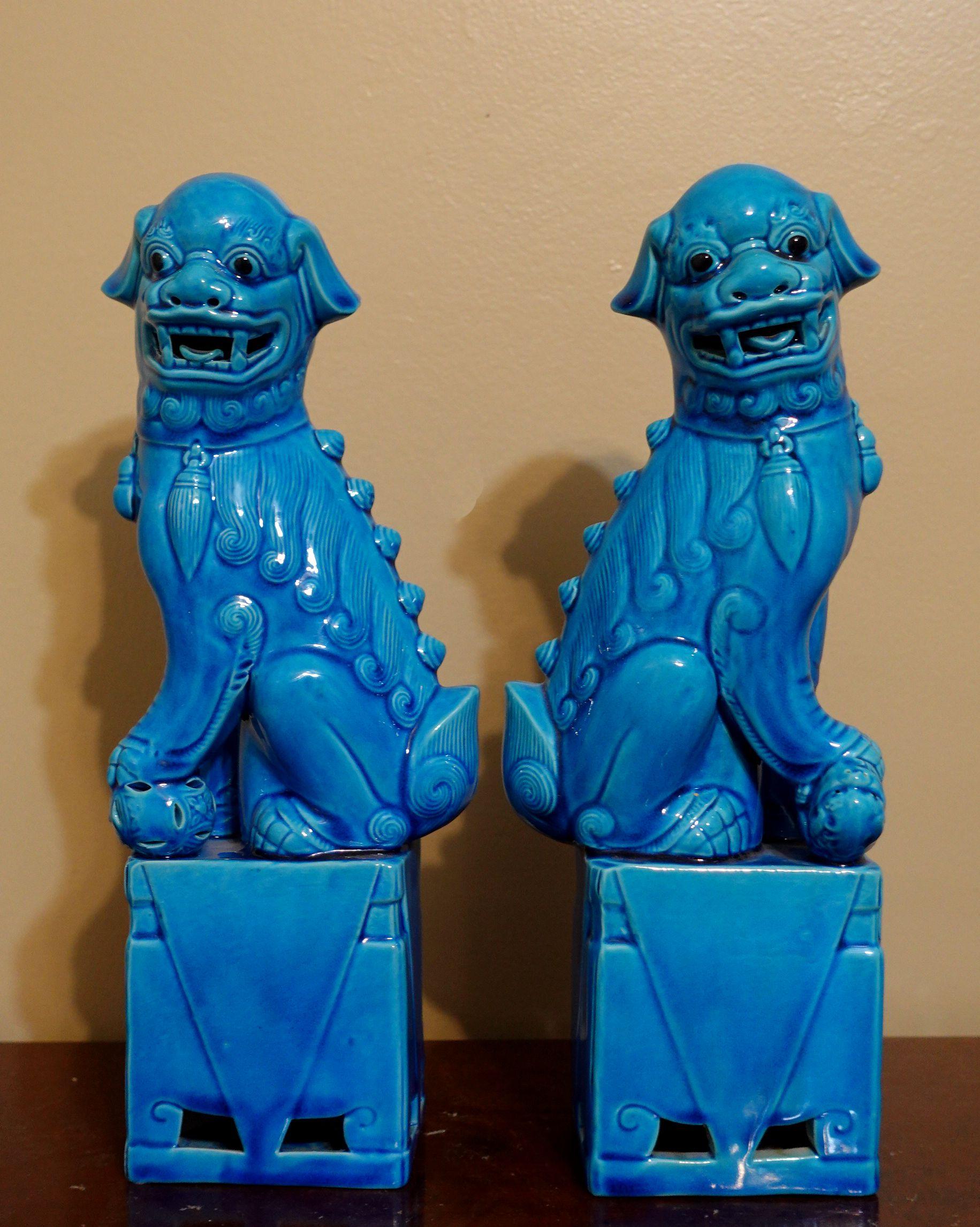  Pair of Large Chinese Turquoise Glazed Porcelain Mounted Foo Dogs For Sale 4