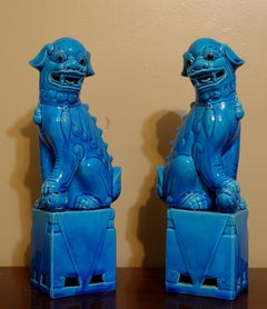 Pair of Large Chinese Turquoise Glazed Porcelain Mounted Foo Dogs