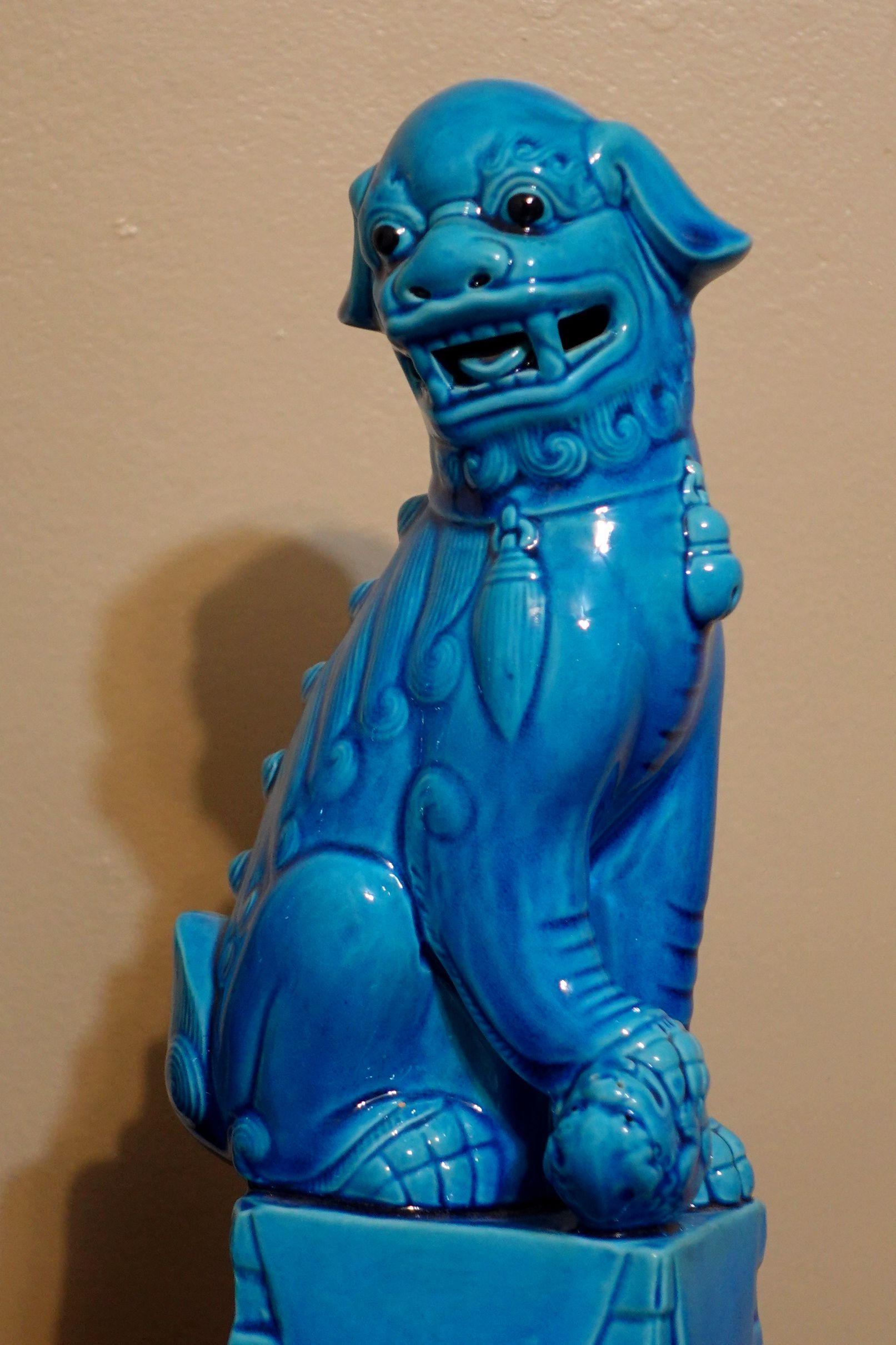 Hand-Crafted  Pair of Large Chinese Turquoise Glazed Porcelain Mounted Foo Dogs For Sale