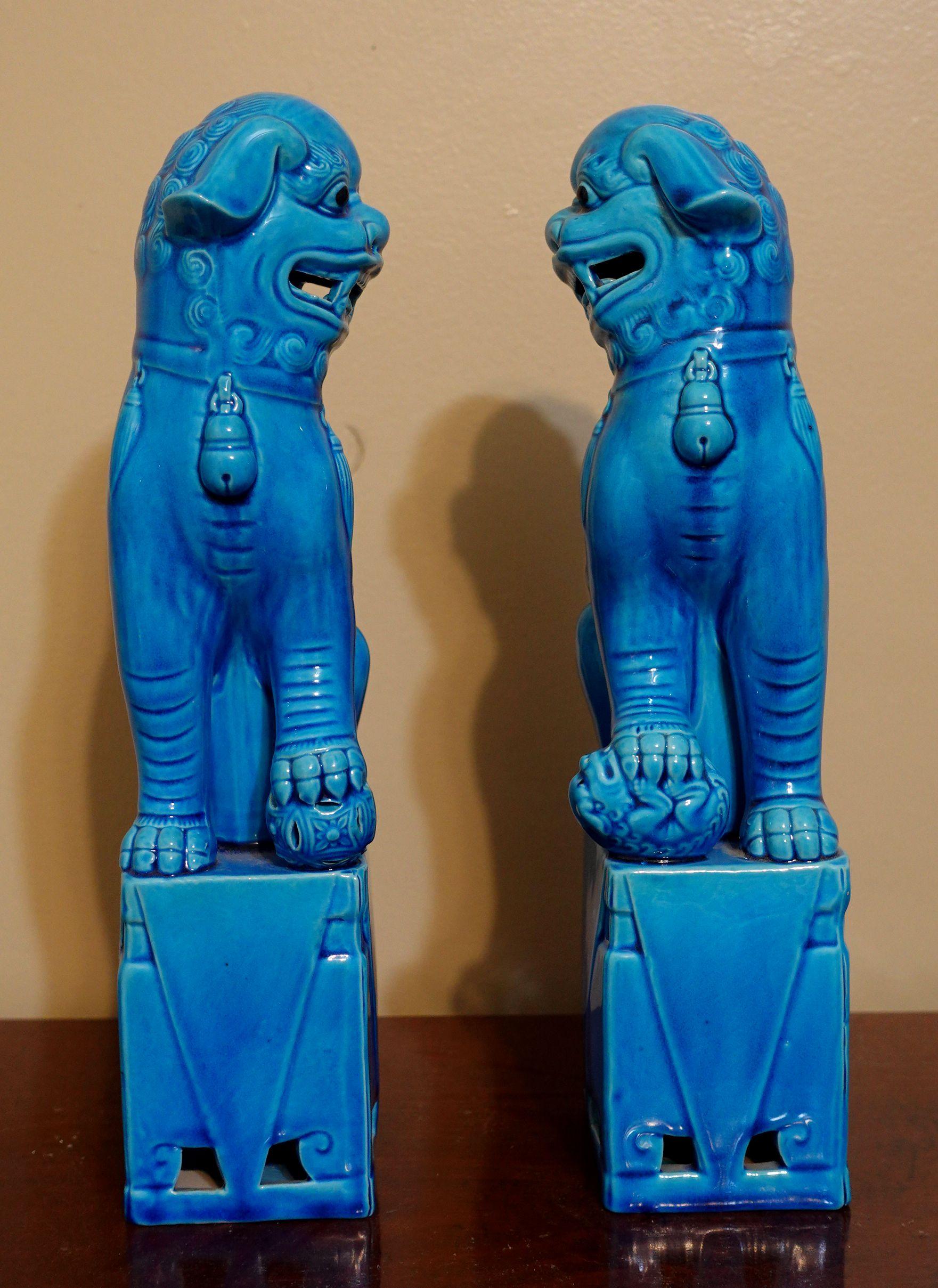 Pair of Large Chinese Turquoise Glazed Porcelain Mounted Foo Dogs In Excellent Condition For Sale In Norton, MA
