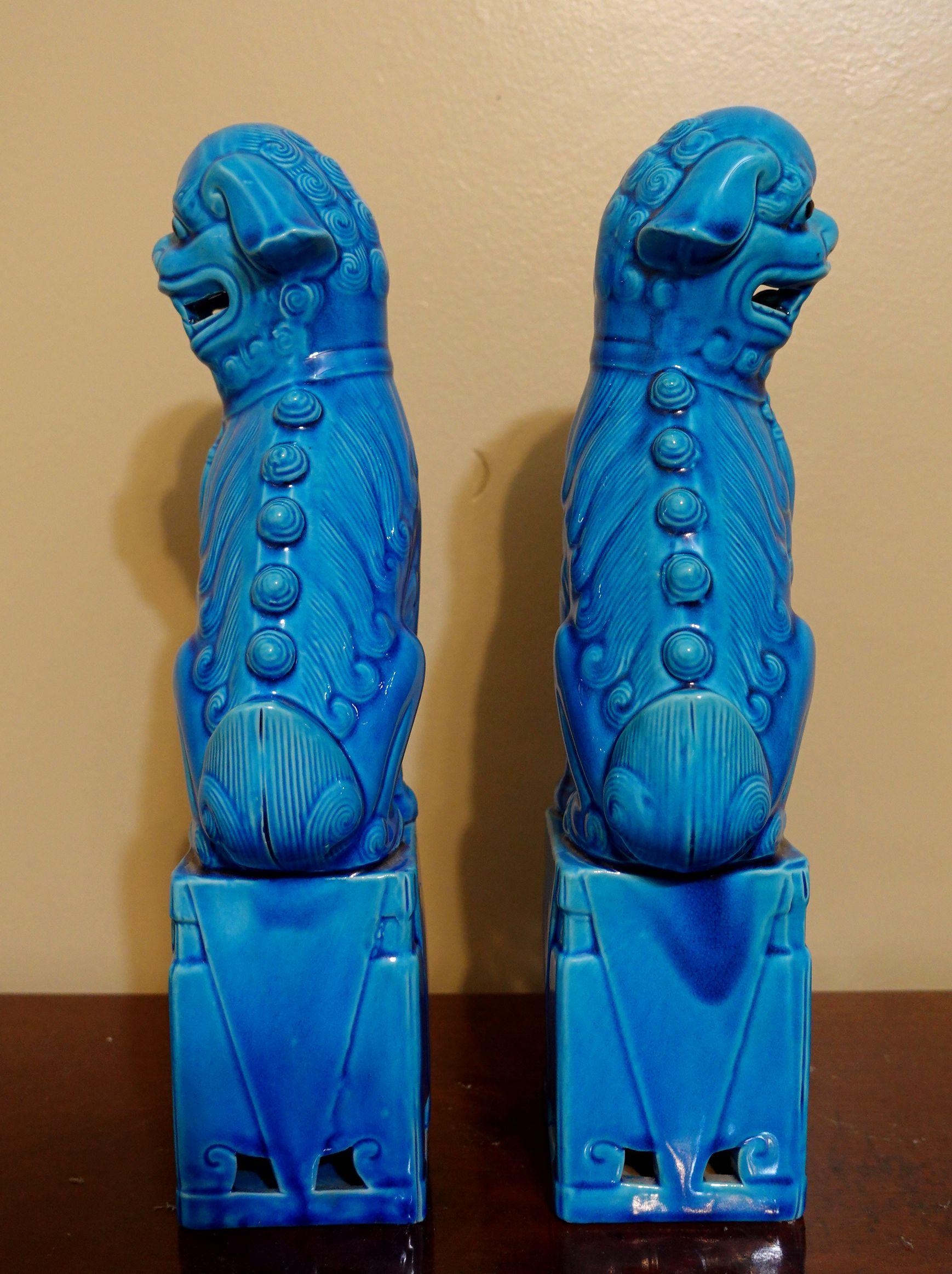  Pair of Large Chinese Turquoise Glazed Porcelain Mounted Foo Dogs For Sale 3