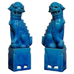 Vintage  Pair of Large Chinese Turquoise Glazed Porcelain Mounted Foo Dogs