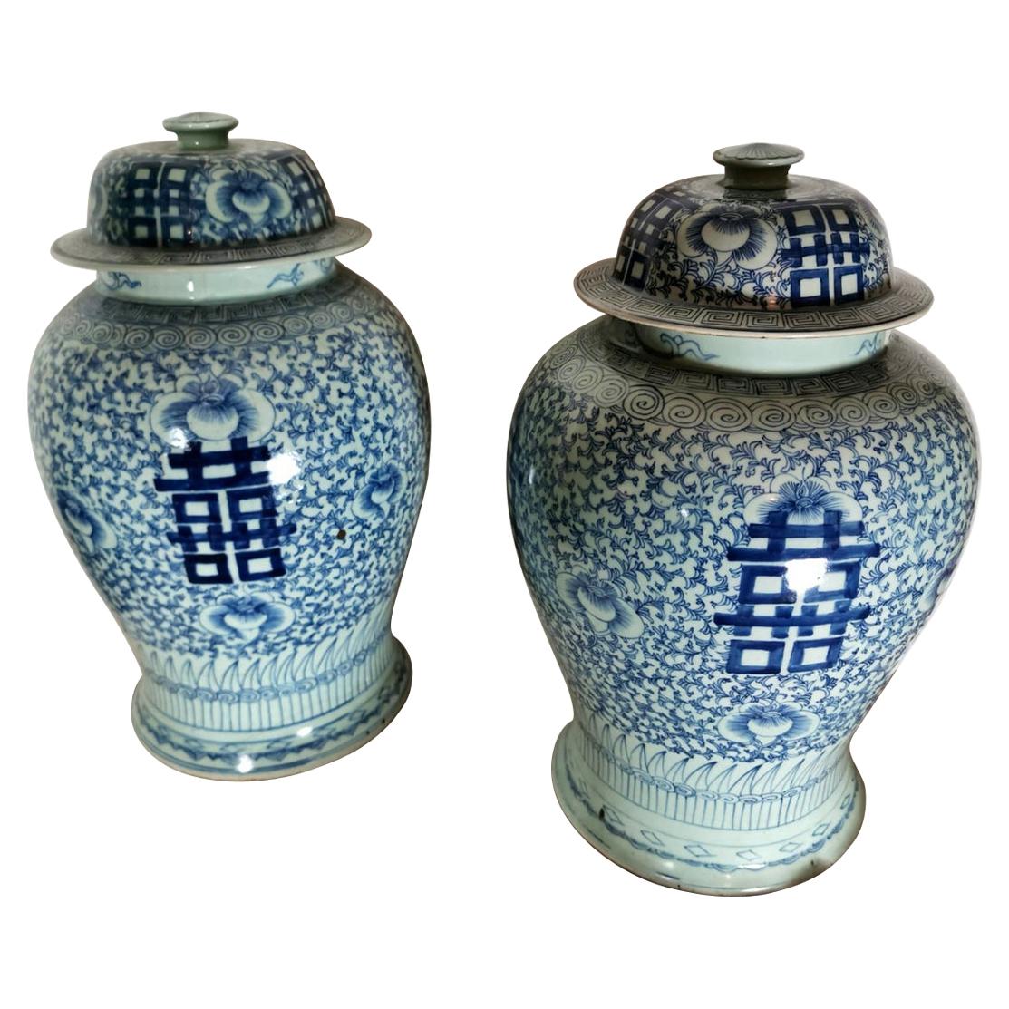 Pair of Large Chinese Wedding Vases with Lids 'Potiches' 1850