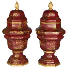 Pair of Large Chinoiserie Hand Painted and Gilt Decorated Ceramic Lidded Urns