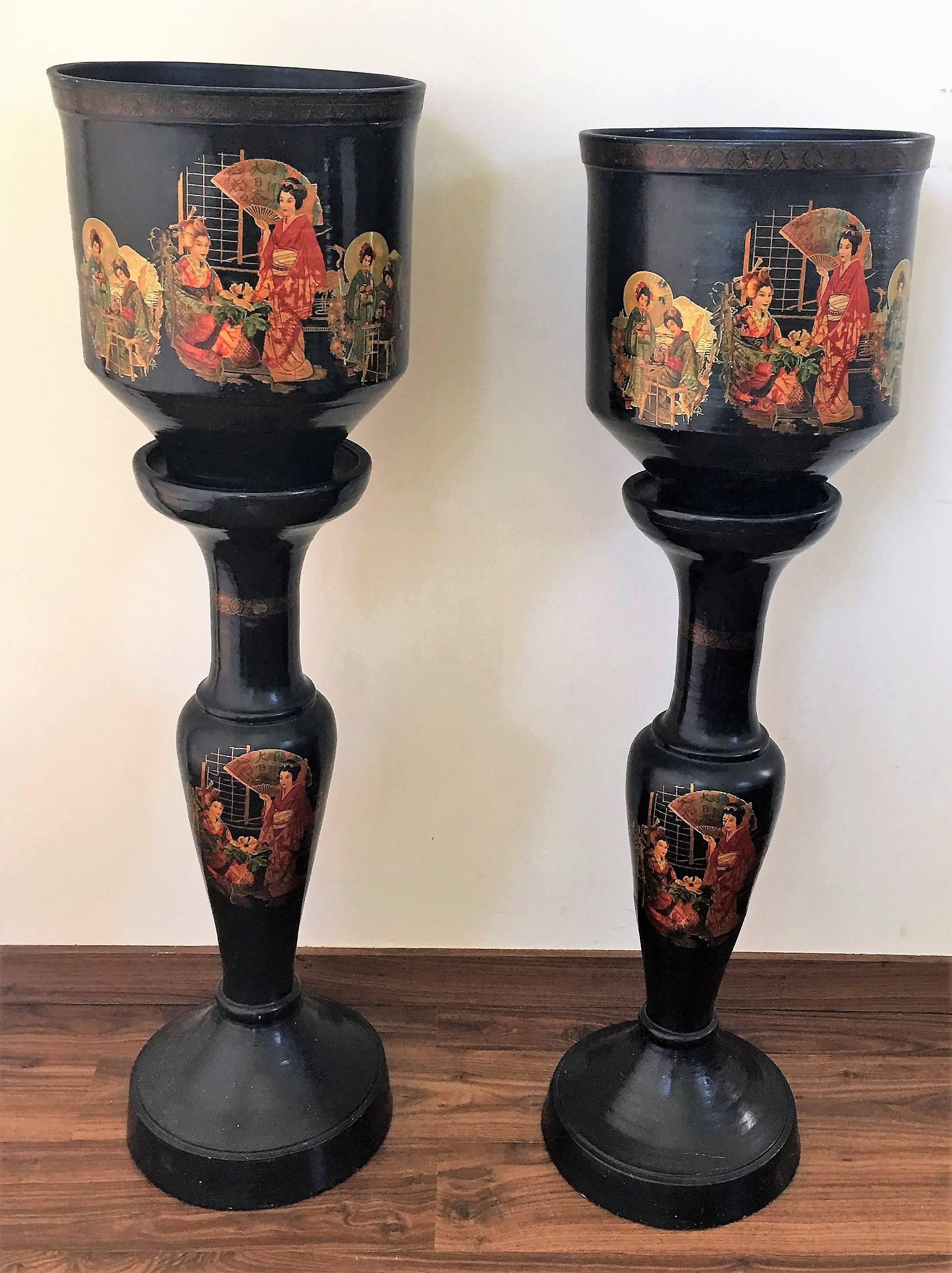 Asian Pair of Large Chinoiserie Style Urns or Vases on Pedestals of Glazed Terracotta For Sale