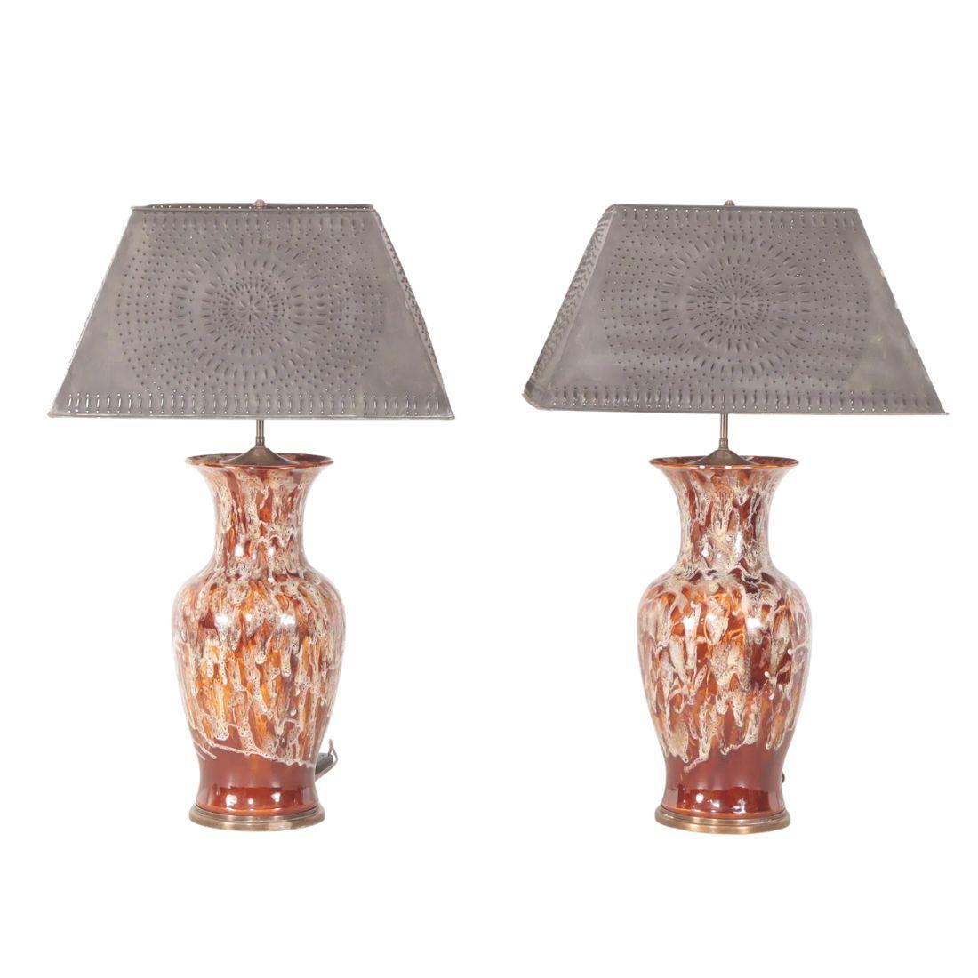 20th Century Pair of Large Chocolate and Cream Drip Glazed Lamps For Sale