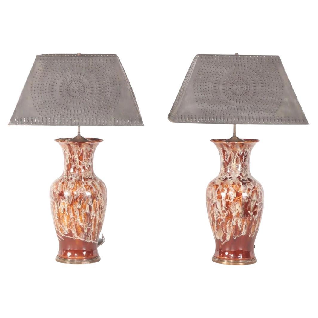 Pair of Large Chocolate and Cream Drip Glazed Lamps For Sale