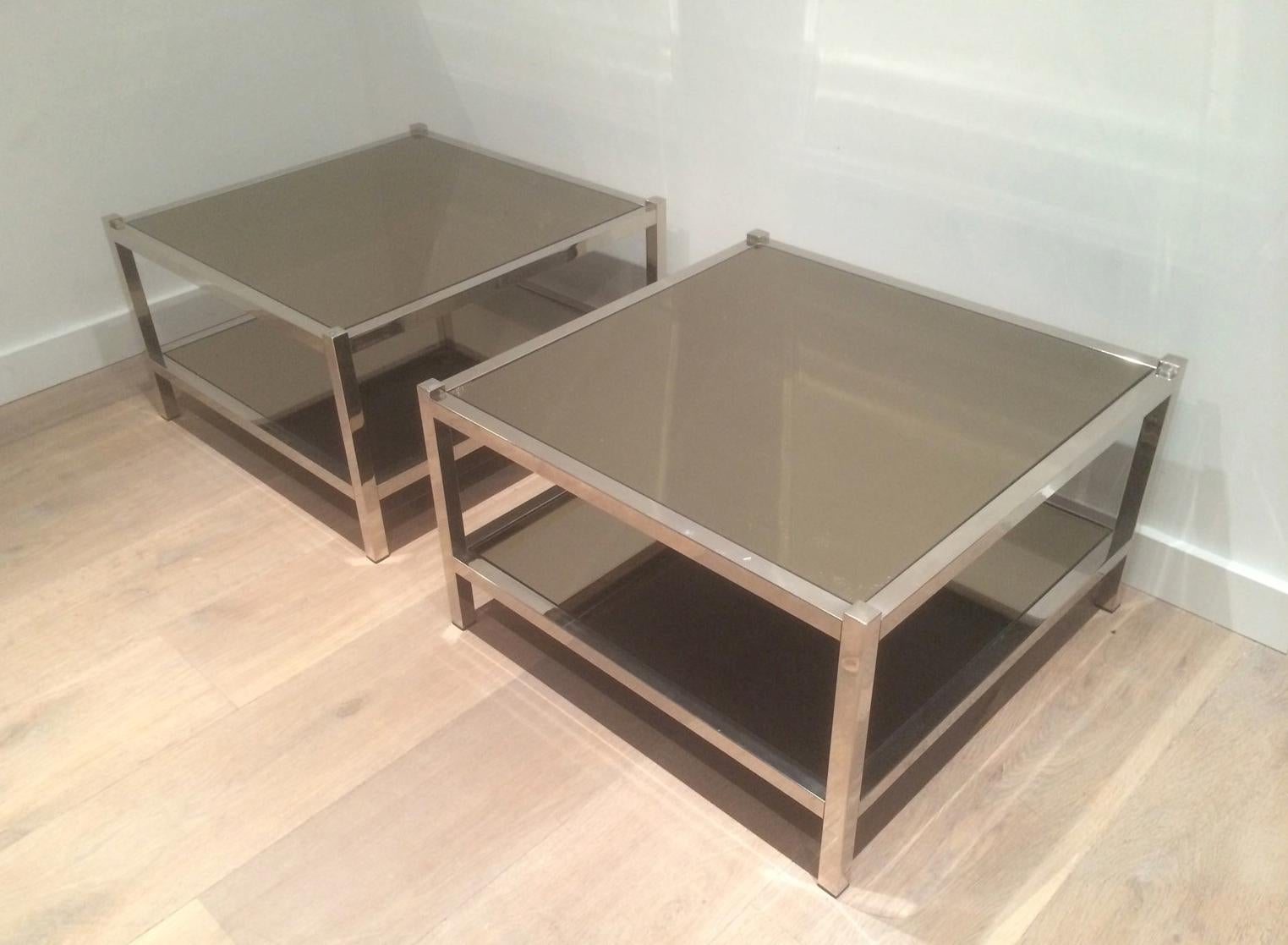 Pair of Large Chrome and Bronze Mirror Side Tables, circa 1970 For Sale 3