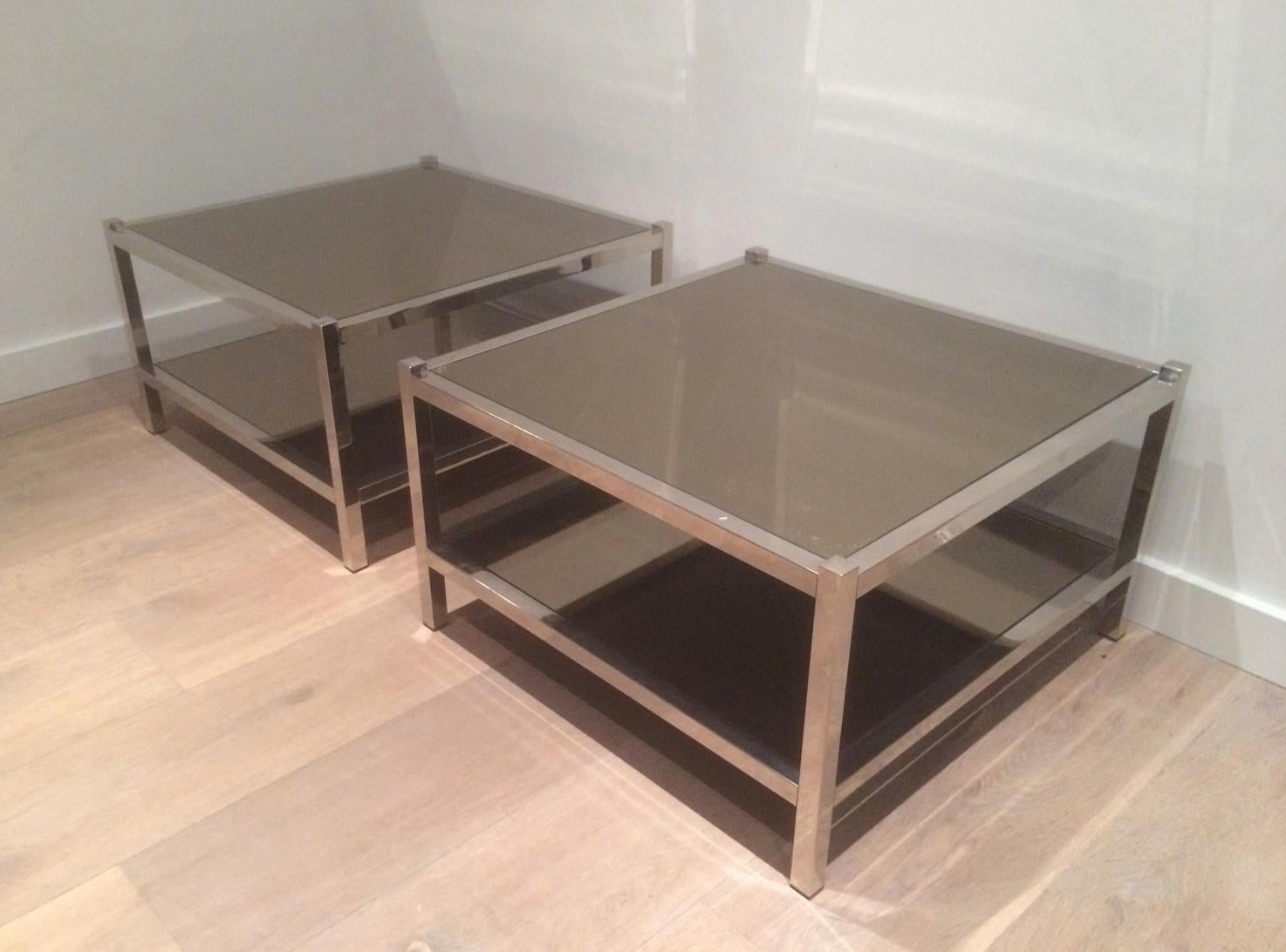 Pair of Large Chrome and Bronze Mirror Side Tables, circa 1970 For Sale 9