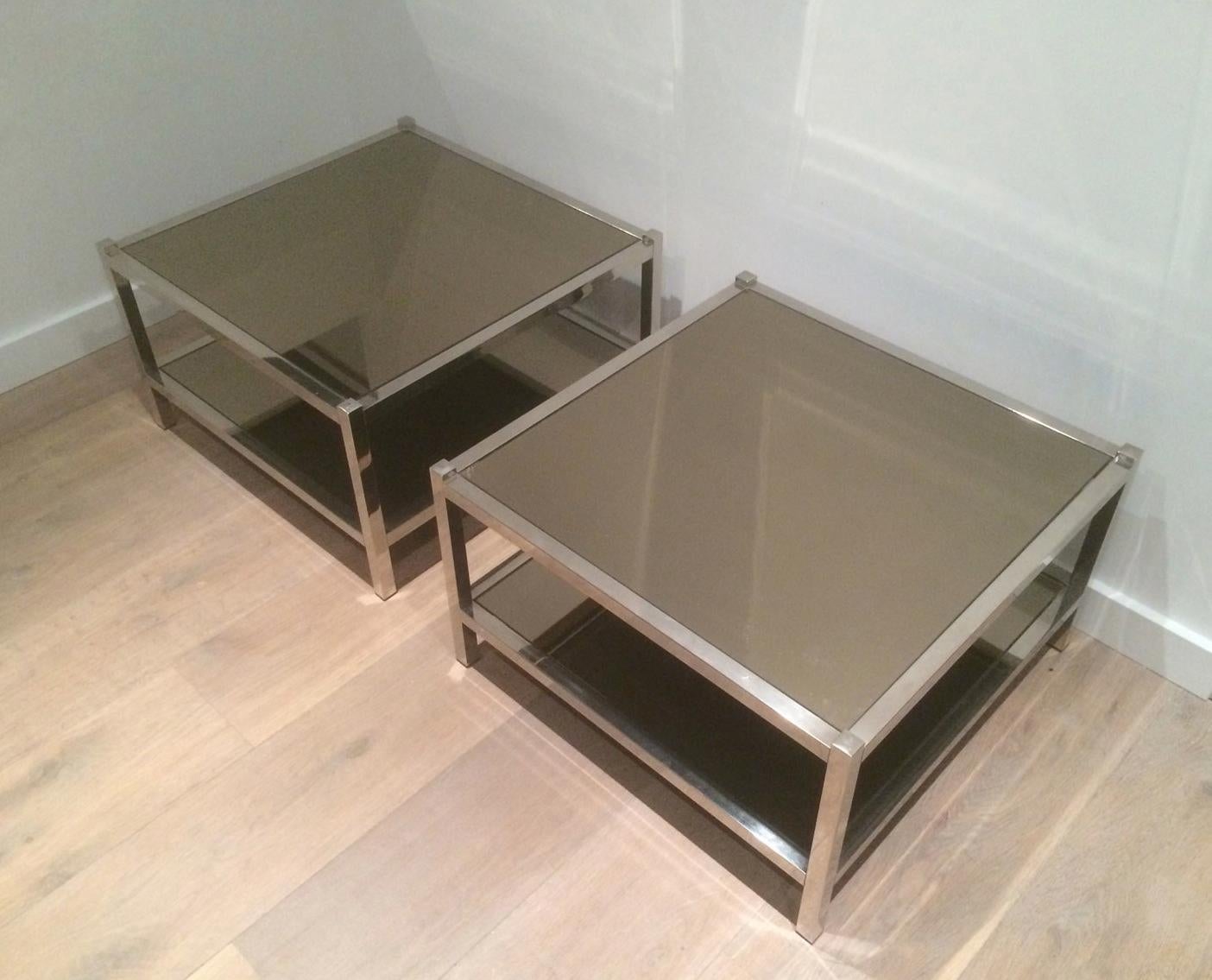 Pair of Large Chrome and Bronze Mirror Side Tables, circa 1970 For Sale 10