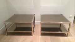 Pair of Large Chrome and Bronze Mirror Side Tables, circa 1970