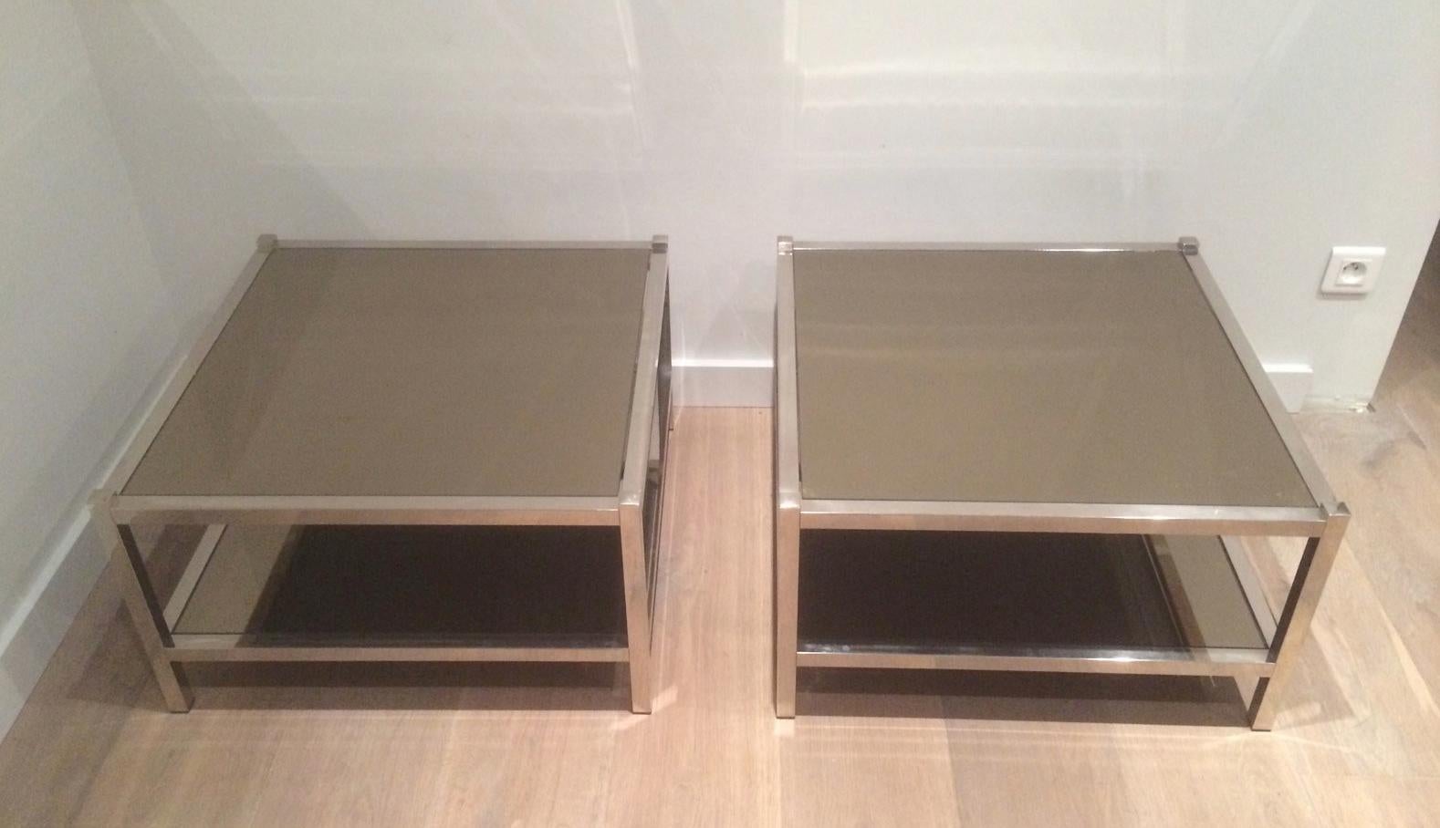 Mid-Century Modern Pair of Large Chrome and Bronze Mirror Side Tables, circa 1970 For Sale