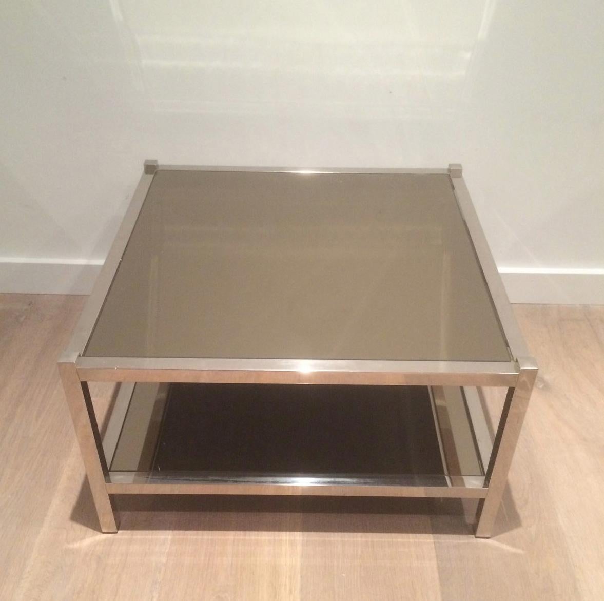 French Pair of Large Chrome and Bronze Mirror Side Tables, circa 1970 For Sale