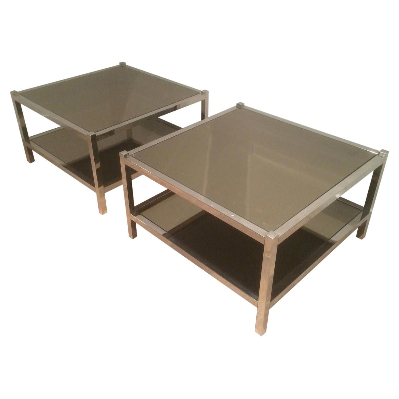 Pair of Large Chrome and Bronze Mirror Side Tables, circa 1970